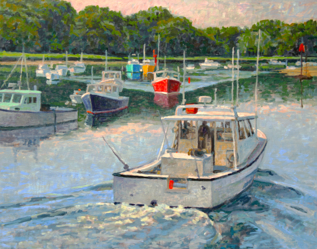 Lobster boats returning home at end of work day