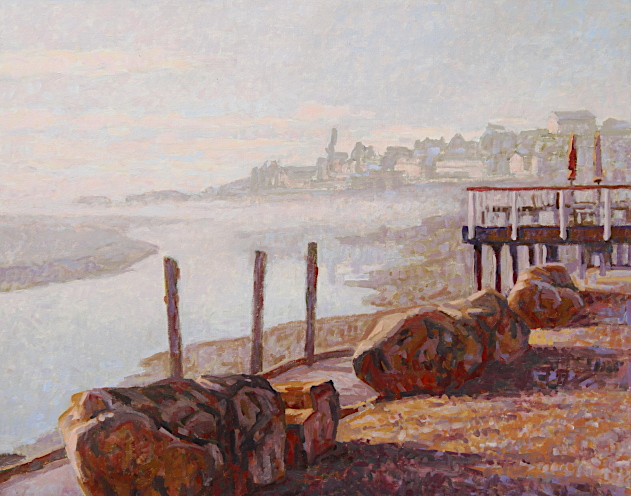 Anonymous shoreline walkway in soft purple light