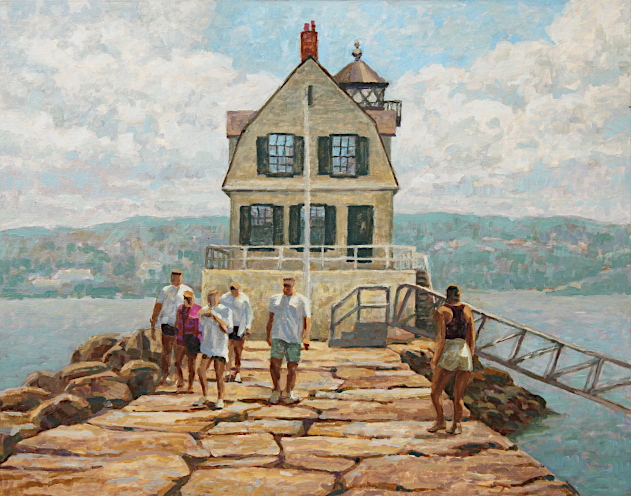Sightseers on causeway going to Rockland Lighthouse