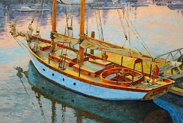 Schooner at dock in soft morning light