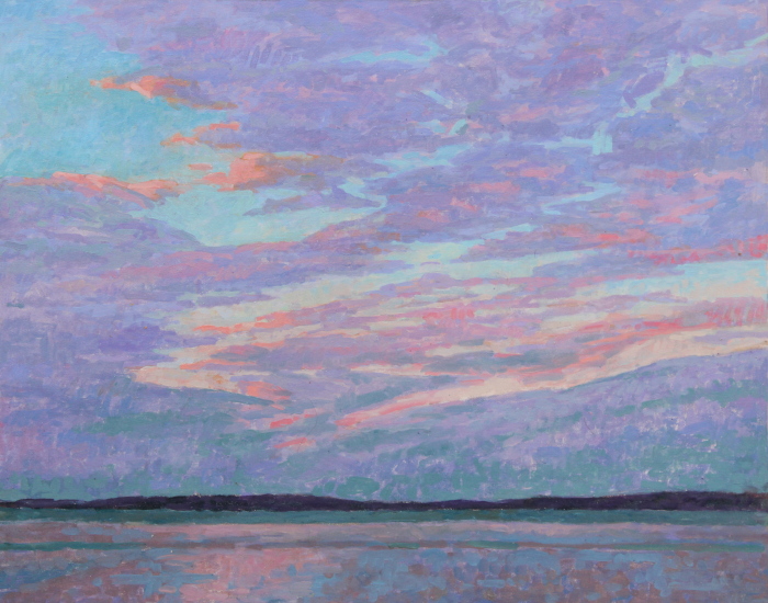 Soft purple cloud filled morning sky.