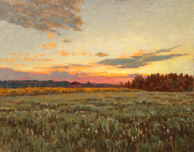 Glowing sunset sky over open field