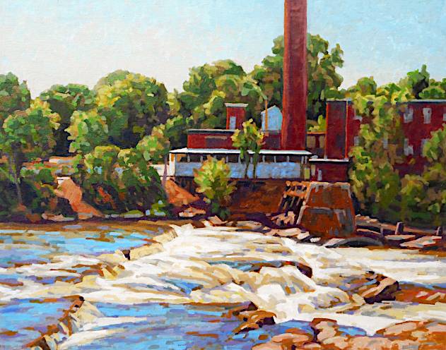 Looking across the Winooski River at a historic 19th century mill