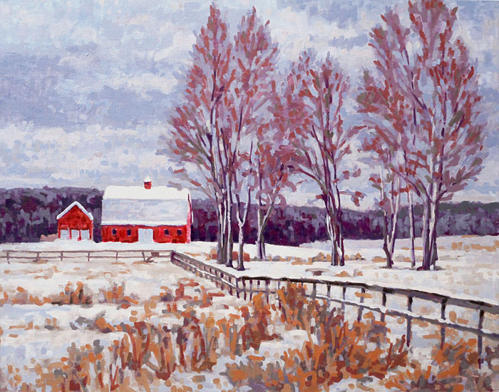 Distant view of frosty winter barnyard