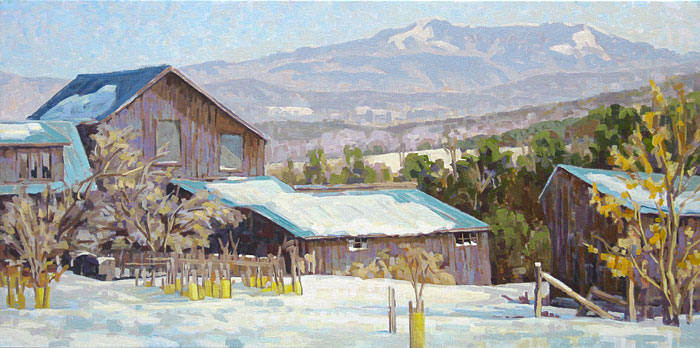 View from Williston of barns with Mansfield in distance